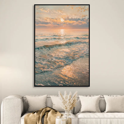 Seaside Golden Hour Living Room - Black Canvas Wall Art