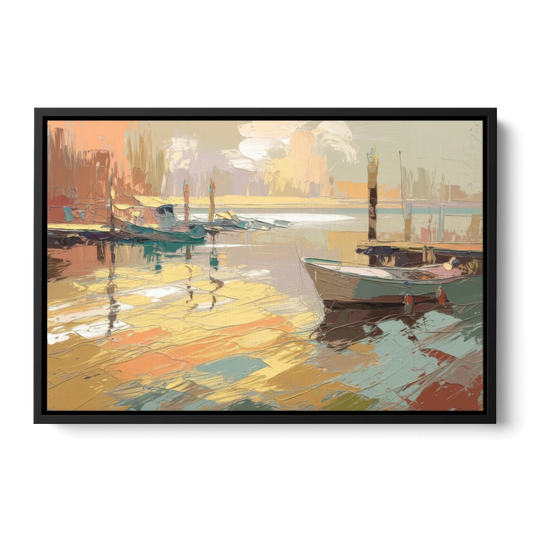 Seaside Harbor Reflections - Black Framed Canvas Wall Art - Front