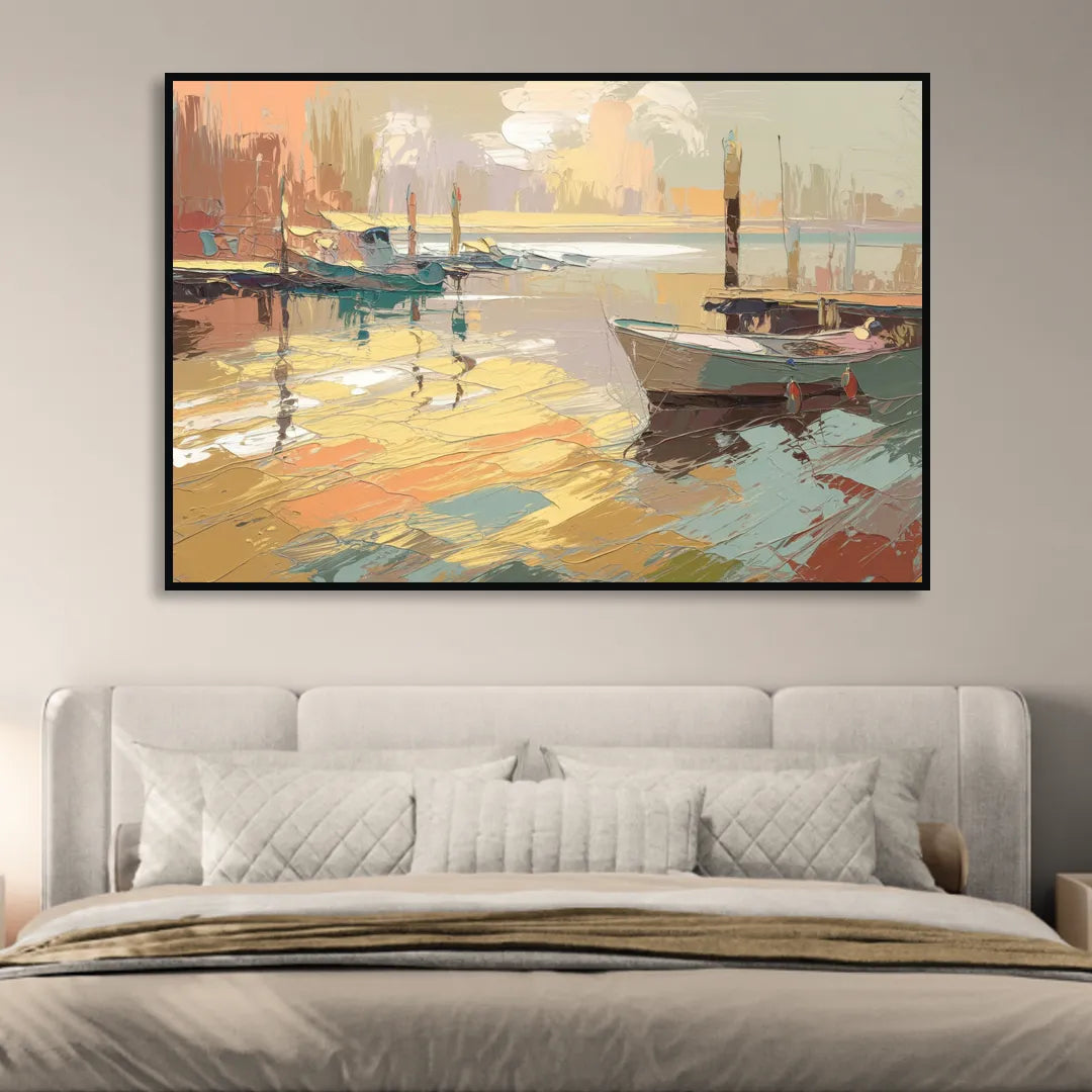 Seaside Harbor Reflections Living Room - Black Canvas Wall Art
