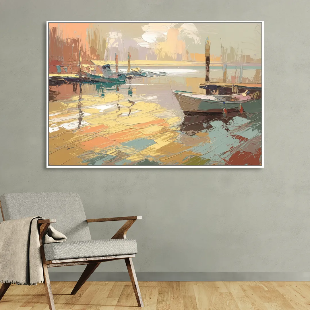 Seaside Harbor Reflections Living Room - White Canvas Wall Art