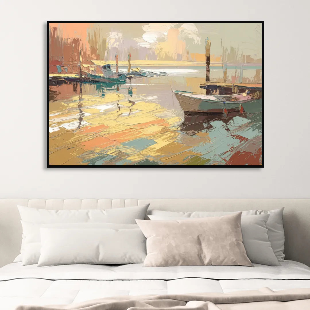 Seaside Harbor Reflections Sitting Room - Black Canvas Wall Art