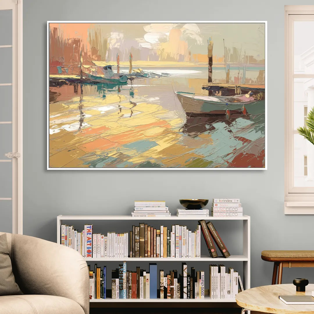 Seaside Harbor Reflections Sitting Room - White Canvas Wall Art