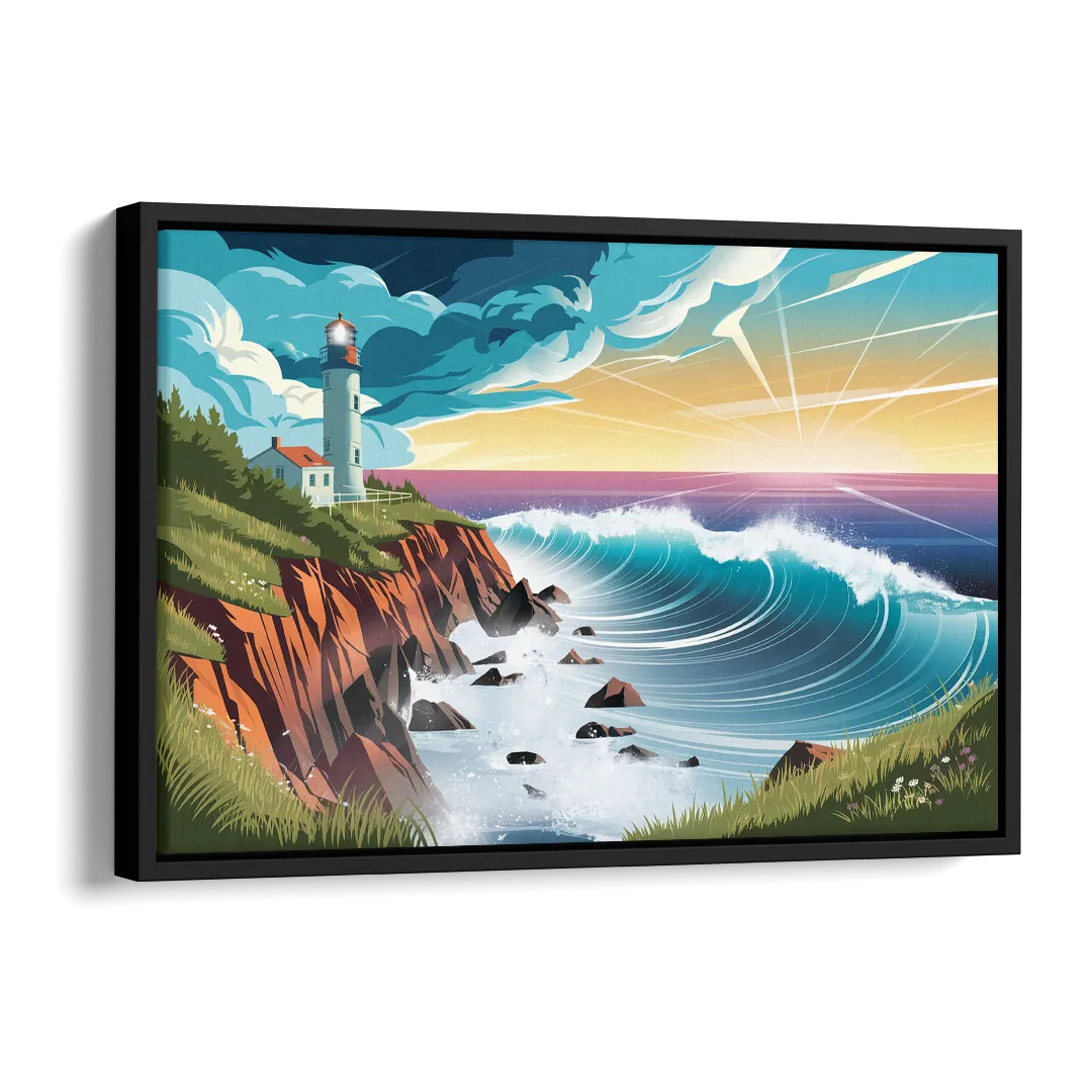 Seaside Lighthouse View Side - Black Canvas Wall Art