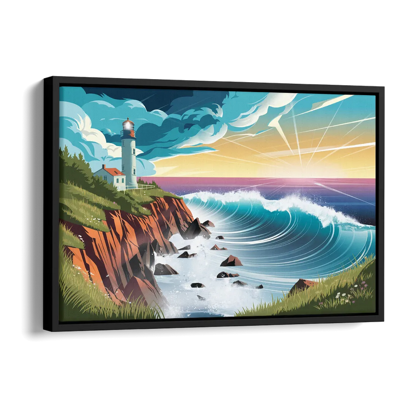 Seaside Lighthouse View Side - Black Canvas Wall Art