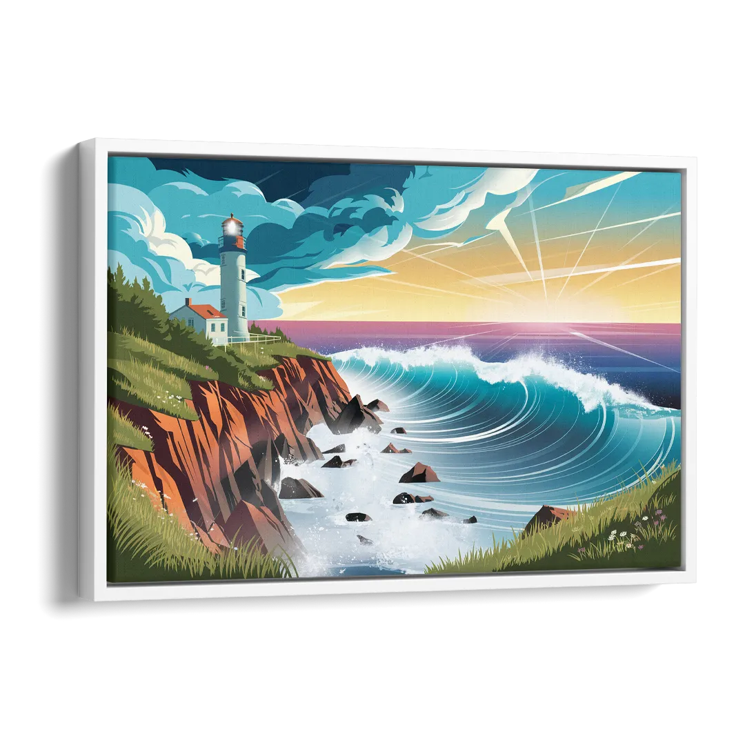 Seaside Lighthouse View Side - White Canvas Wall Art