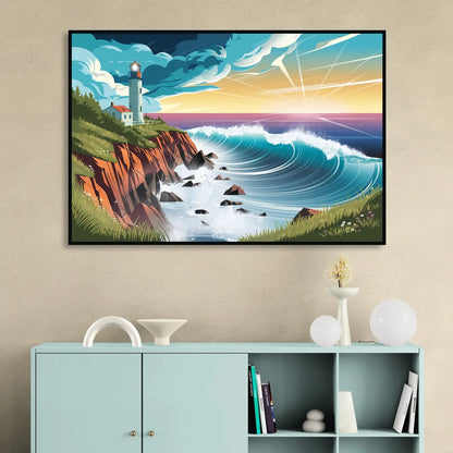 Seaside Lighthouse View Sitting Room - Black Canvas Wall Art