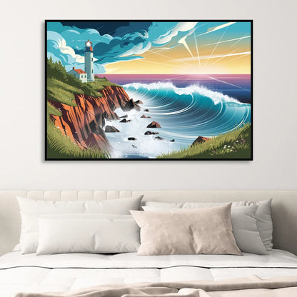 Seaside Lighthouse View Living Room - Black Canvas Wall Art