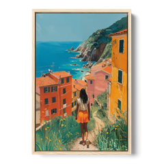 Seaside Painting of a Summer Walk - Oak Framed Canvas Wall Art - Front