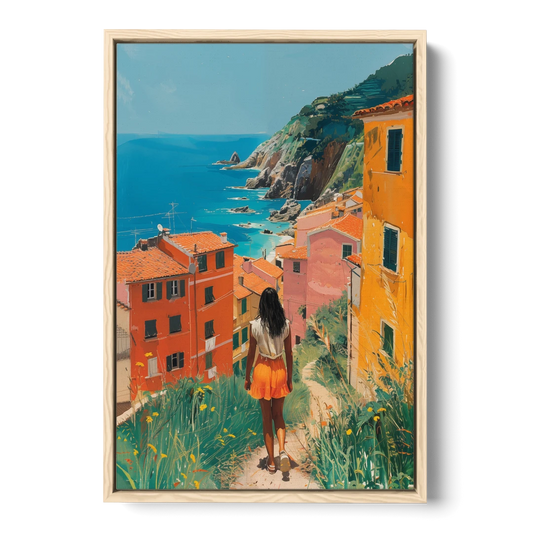 Seaside Painting of a Summer Walk - Oak Framed Canvas Wall Art - Front