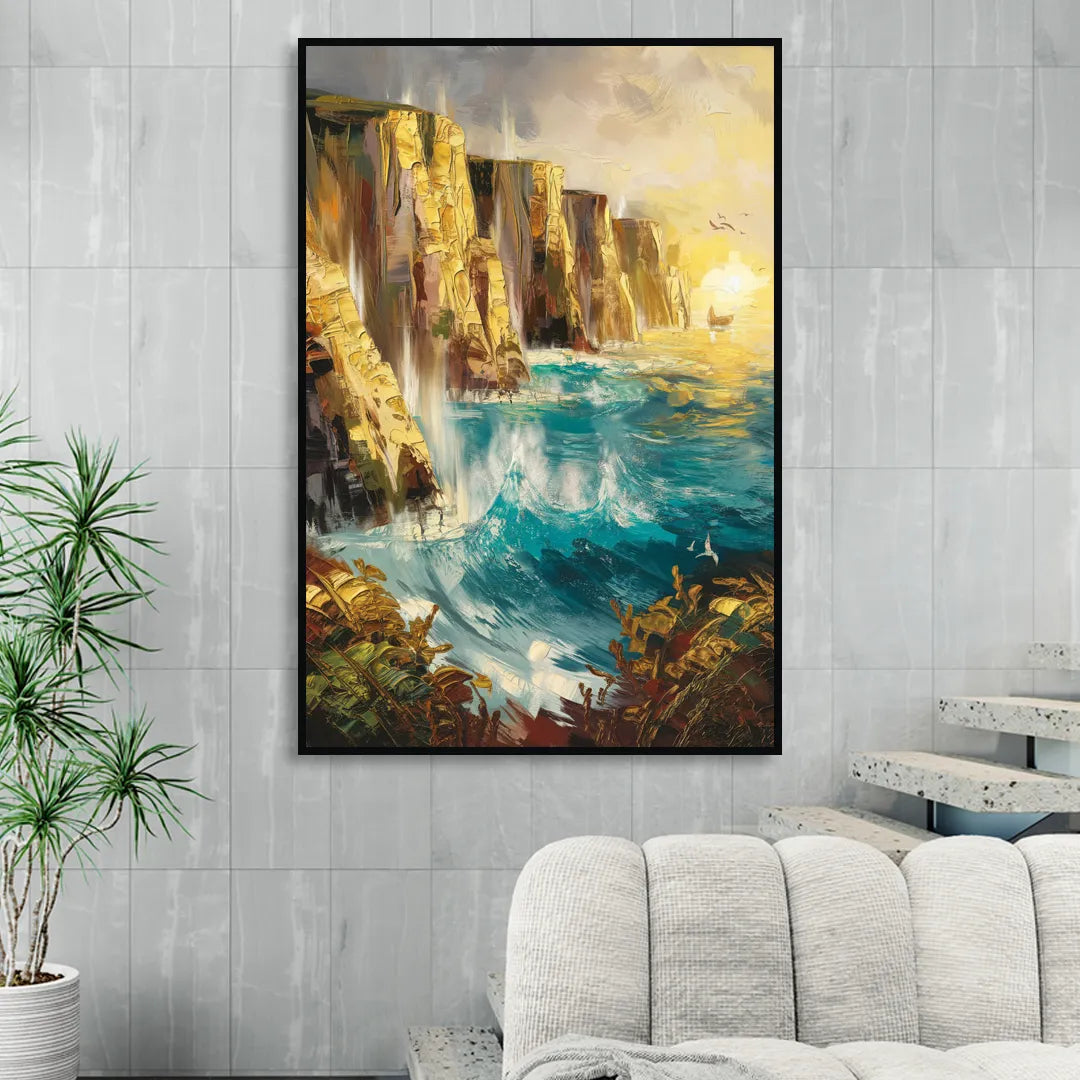 Seaside Rocky Cliffs Living Room - Black Canvas Wall Art