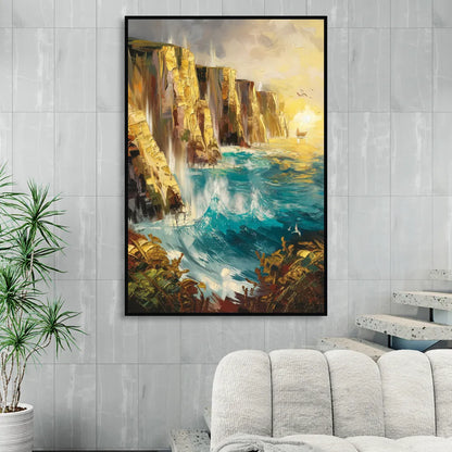Seaside Rocky Cliffs Living Room - Black Canvas Wall Art