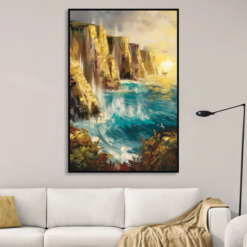 Seaside Rocky Cliffs Sitting Room - Black Canvas Wall Art