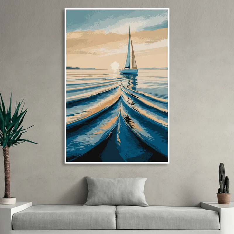 Seaside Sailboat Horizon Living Room - White Canvas Wall Art