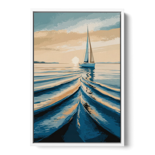 Seaside Sailboat Horizon - White Framed Canvas Wall Art - Front