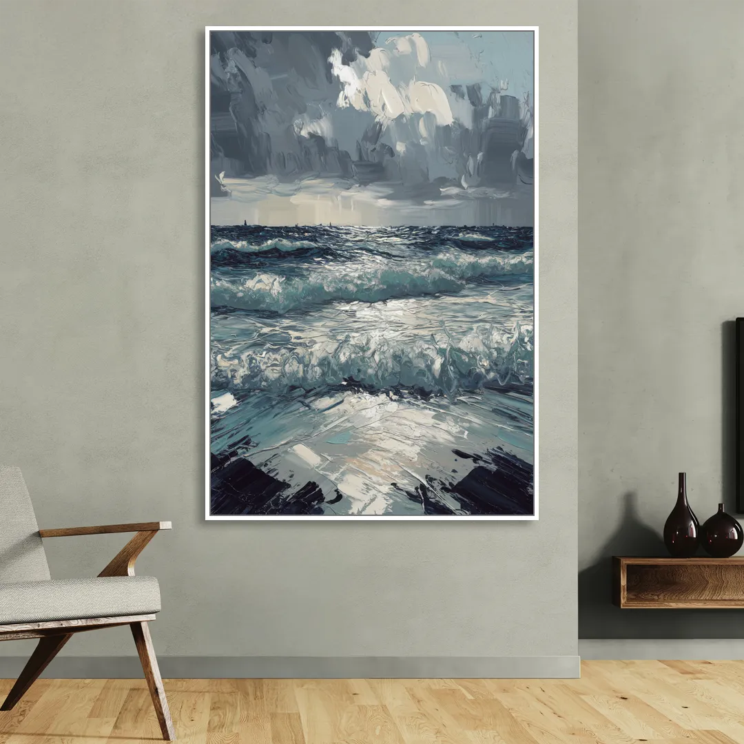 Seaside Stormy Skies Sitting Room - White Canvas Wall Art
