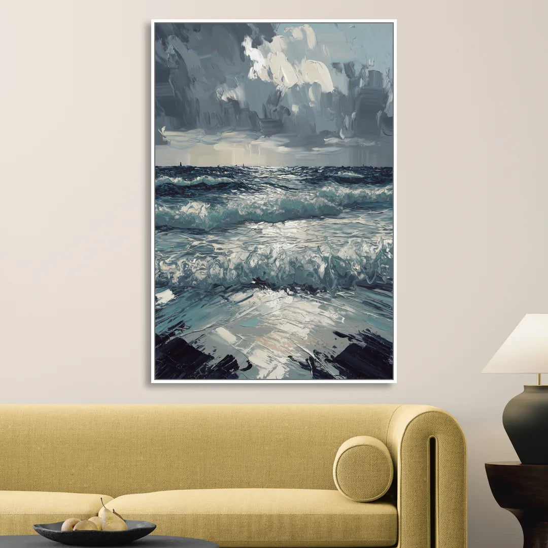 Seaside Stormy Skies Living Room - White Canvas Wall Art