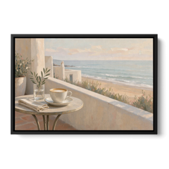 Seaside Terrace Cappuccino for the Cafe - Black Framed Canvas Wall Art - Front