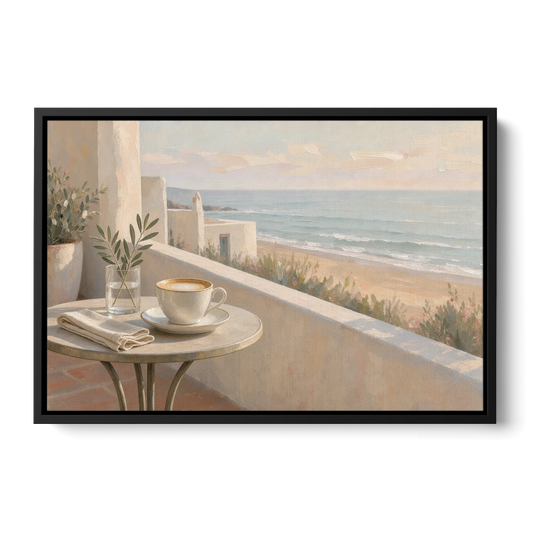 Seaside Terrace Cappuccino for the Cafe - Black Framed Canvas Wall Art - Front