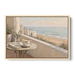 Seaside Terrace Cappuccino for the Cafe - Oak Framed Canvas Wall Art - Front