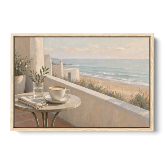 Seaside Terrace Cappuccino for the Cafe - Oak Framed Canvas Wall Art - Front