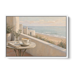 Seaside Terrace Cappuccino for the Cafe - White Framed Canvas Wall Art - Front