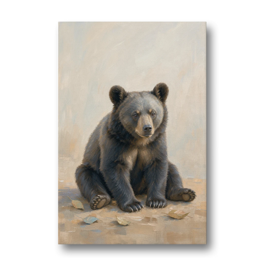 Seated Bear Cub with Fallen Leaves for the Nursery - Canvas Wall Art - Front