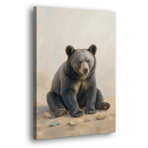 Seated Bear Cub with Fallen Leaves for the Nursery - Canvas Wall Art - Side