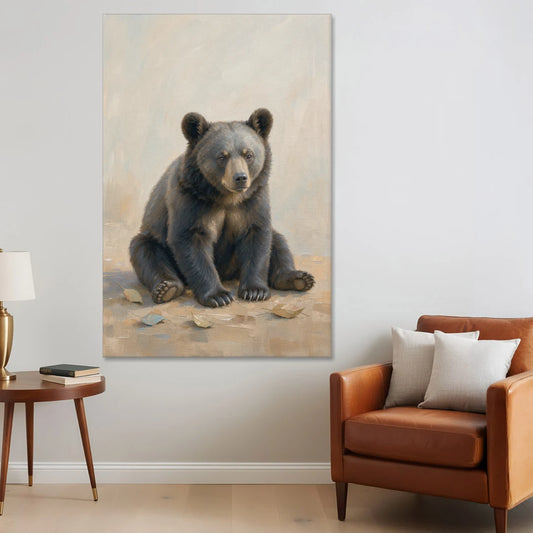 Seated Bear Cub with Fallen Leaves for the Nursery - Canvas Wall Art - Sofa - 40x60