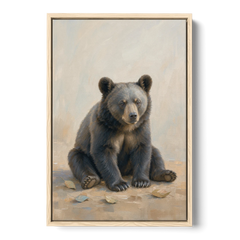 Seated Bear Cub with Fallen Leaves for the Nursery - Oak Framed Canvas Wall Art - Front