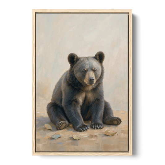 Seated Bear Cub with Fallen Leaves for the Nursery - Oak Framed Canvas Wall Art - Front