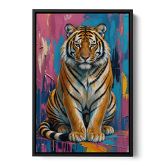 Seated Tiger in Pink and Turquoise Strokes - Black Framed Canvas Wall Art - Front