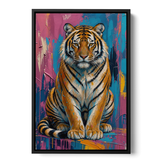 Seated Tiger in Pink and Turquoise Strokes - Black Framed Canvas Wall Art - Front