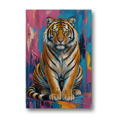 Seated Tiger in Pink and Turquoise Strokes - Canvas Wall Art - Front