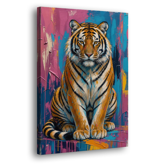 Seated Tiger in Pink and Turquoise Strokes - Canvas Wall Art - Side