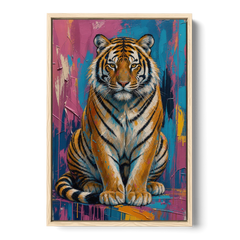 Seated Tiger in Pink and Turquoise Strokes - Oak Framed Canvas Wall Art - Front