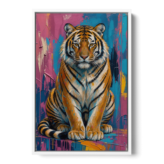 Seated Tiger in Pink and Turquoise Strokes - White Framed Canvas Wall Art - Front
