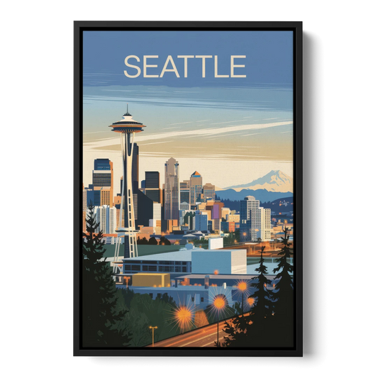 Seattle City at Dusk - Black Framed Canvas Wall Art - Front