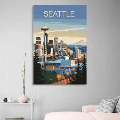 Seattle City at Dusk Living Room - Canvas Wall Art