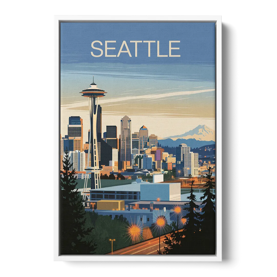 Seattle City at Dusk Front - White Canvas Wall Art