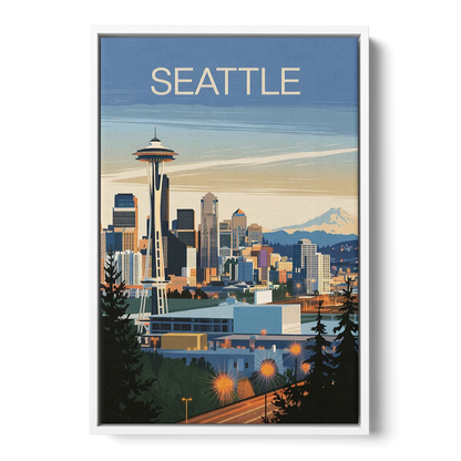 Seattle City at Dusk Front - White Canvas Wall Art
