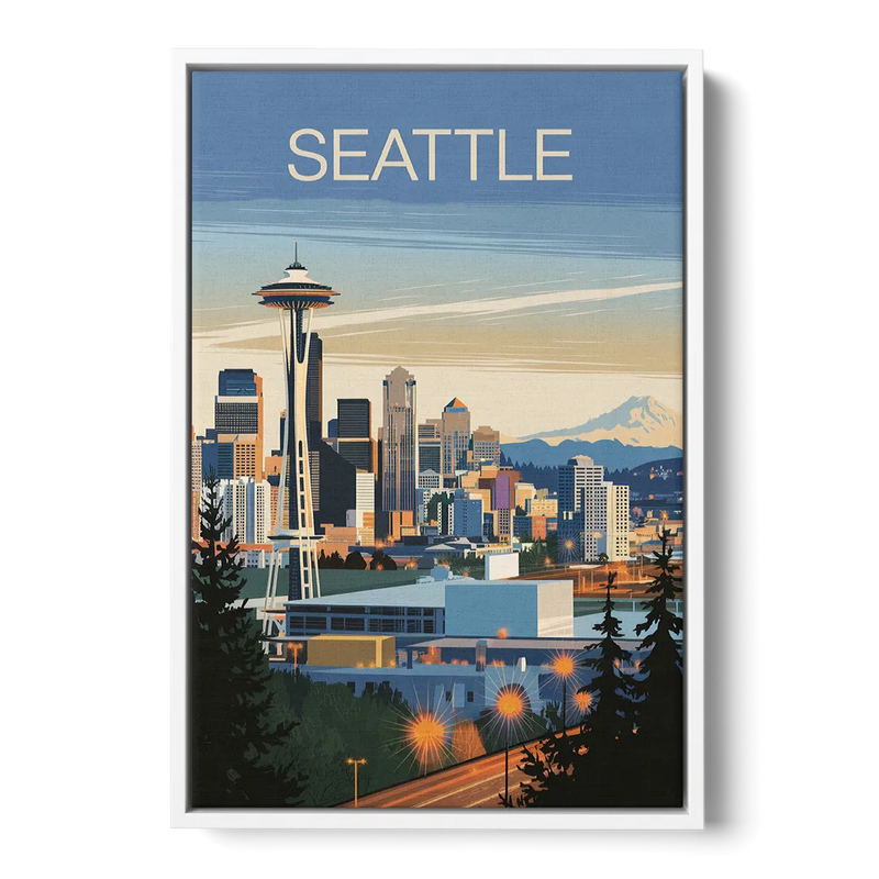 Seattle City at Dusk Front - White Canvas Wall Art