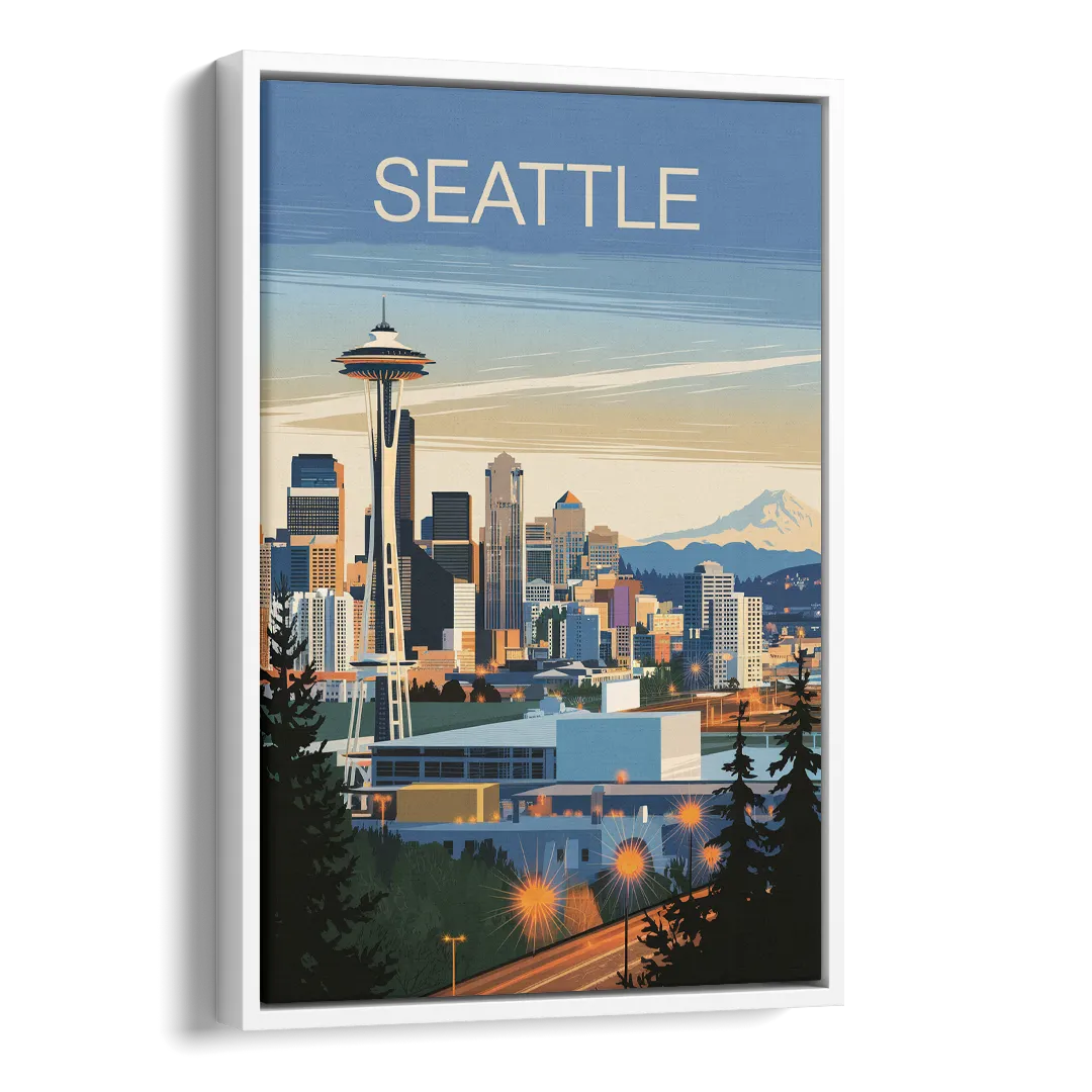Seattle City at Dusk Side - White Canvas Wall Art