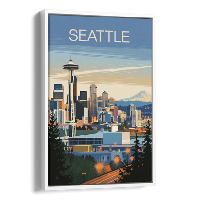 Seattle City at Dusk Side - White Canvas Wall Art