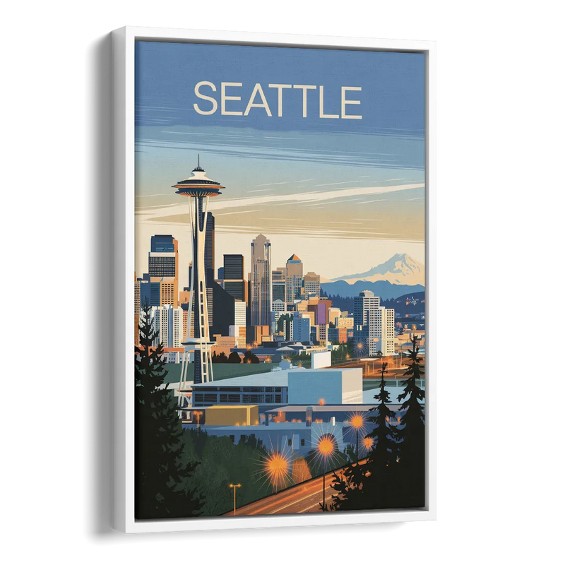 Seattle City at Dusk Side - White Canvas Wall Art