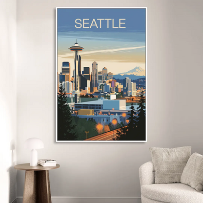 Seattle City at Dusk Sitting Room - White Canvas Wall Art