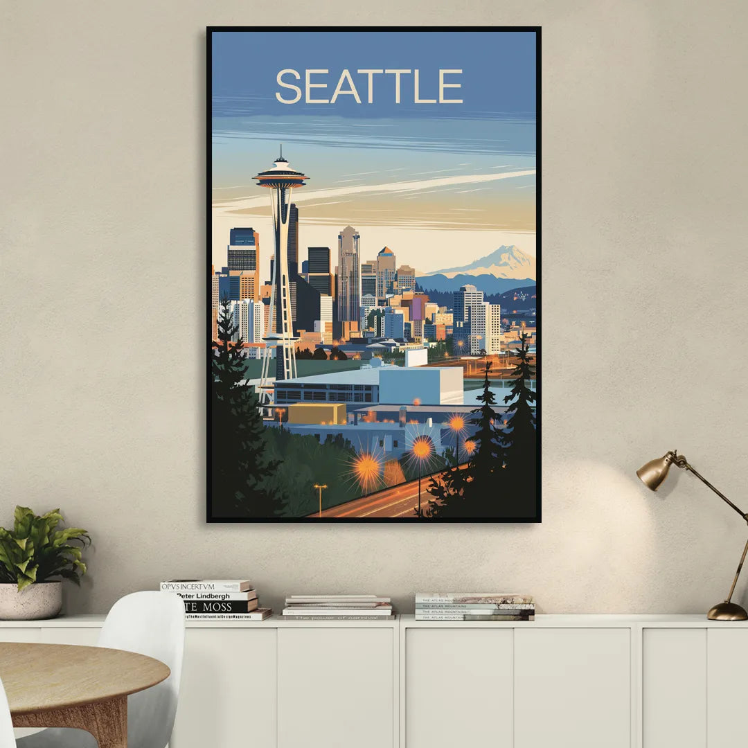 Seattle City at Dusk Sitting Room - Black Canvas Wall Art