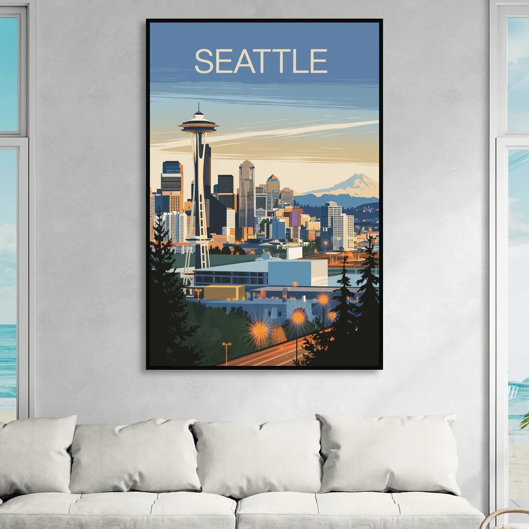 Seattle City at Dusk Living Room - Black Canvas Wall Art