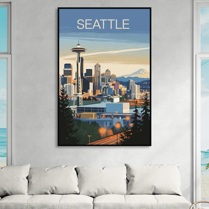 Seattle City at Dusk Living Room - Black Canvas Wall Art