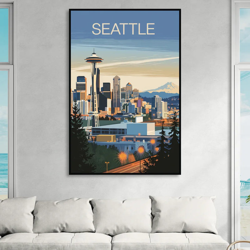 Seattle City at Dusk Living Room - Black Canvas Wall Art