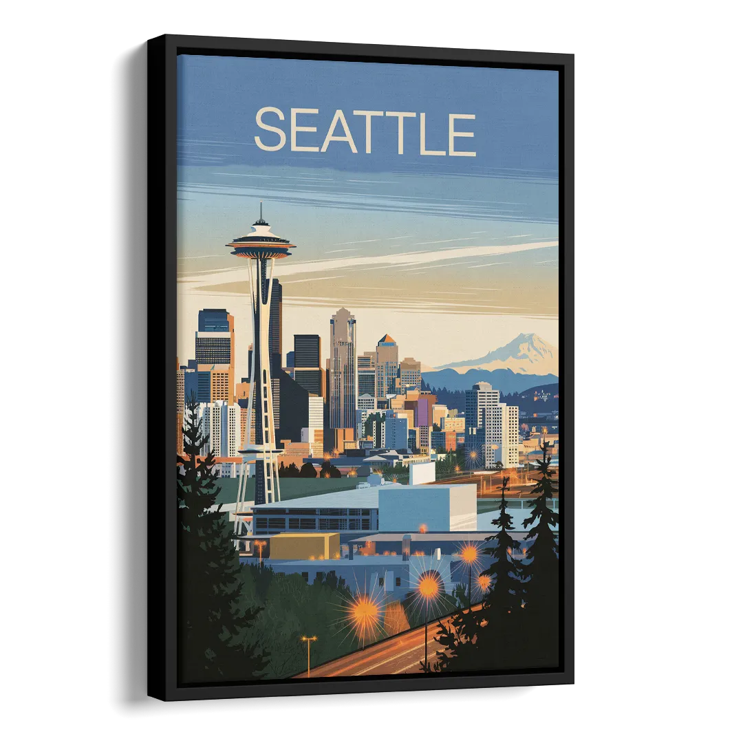 Seattle City at Dusk Side - Black Canvas Wall Art